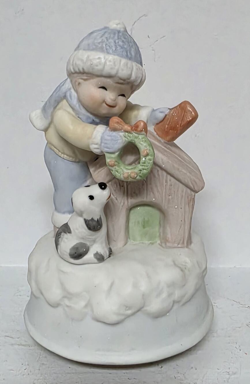 Vintage Boy & Dog Christmas Music Box Rotating Porcelain Figurine